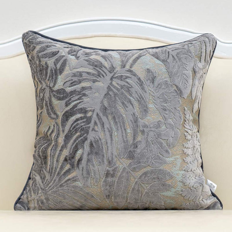 Alerfa 18 x 18 Inch Gray Silver Square Maple Leaf Pillow Embroidery Cut Velvet Cushion Case Luxury Modern Lumbar Throw Pillow Cover Decorative Pillow for Couch Sofa Living Room Bedroom Car - Image 1